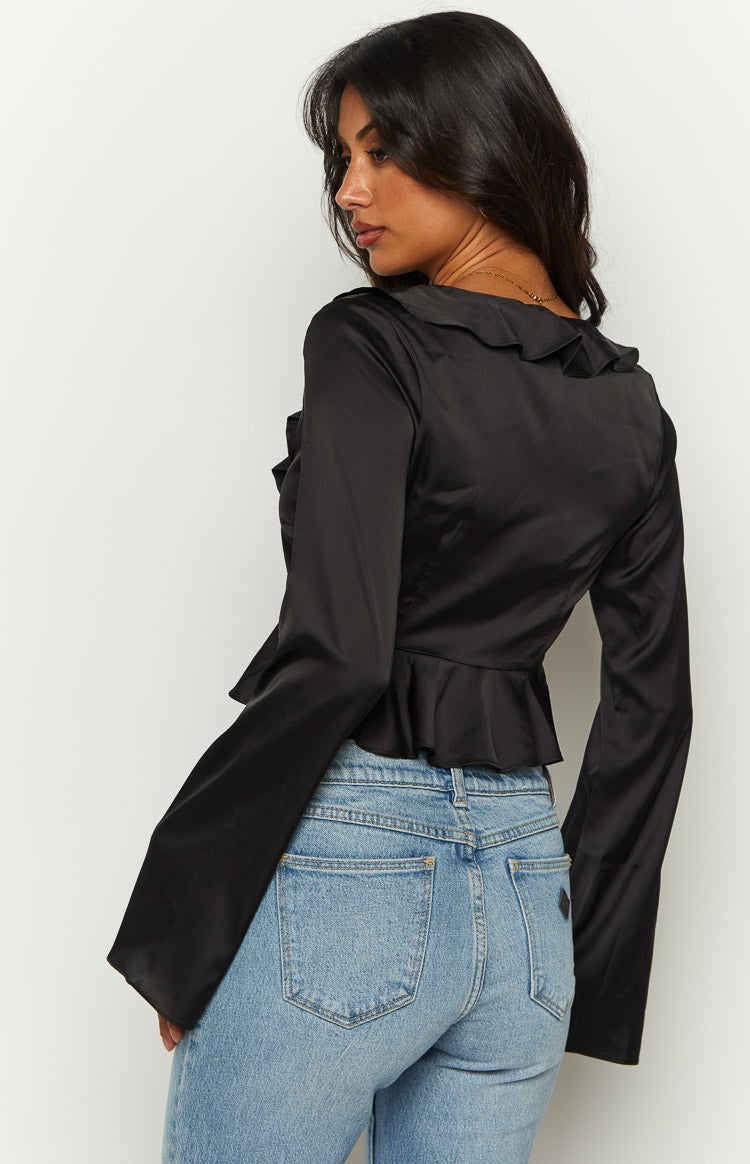 Kazan Black Satin Long Sleeve Frill Top