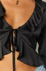 Kazan Black Satin Long Sleeve Frill Top Image