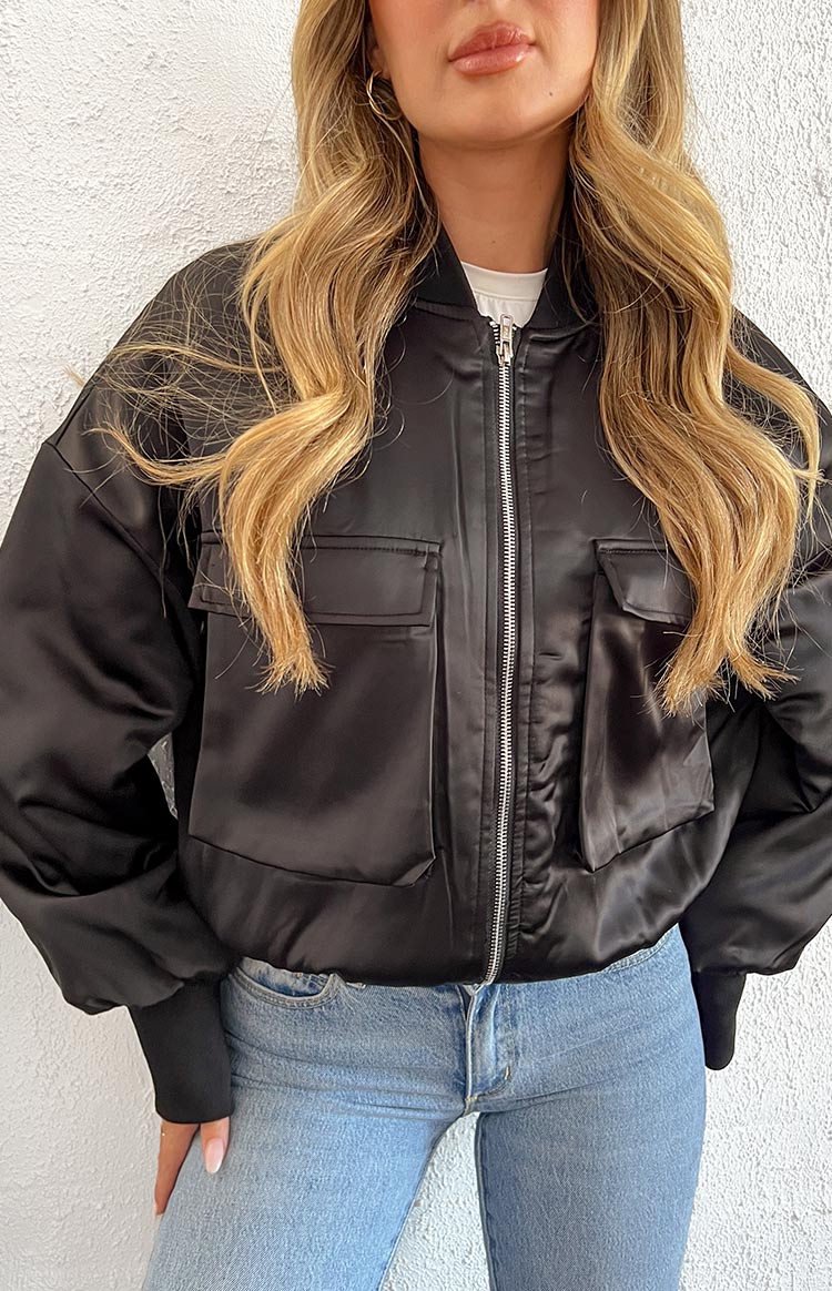 Keziah Black Satin Bomber Jacket Image