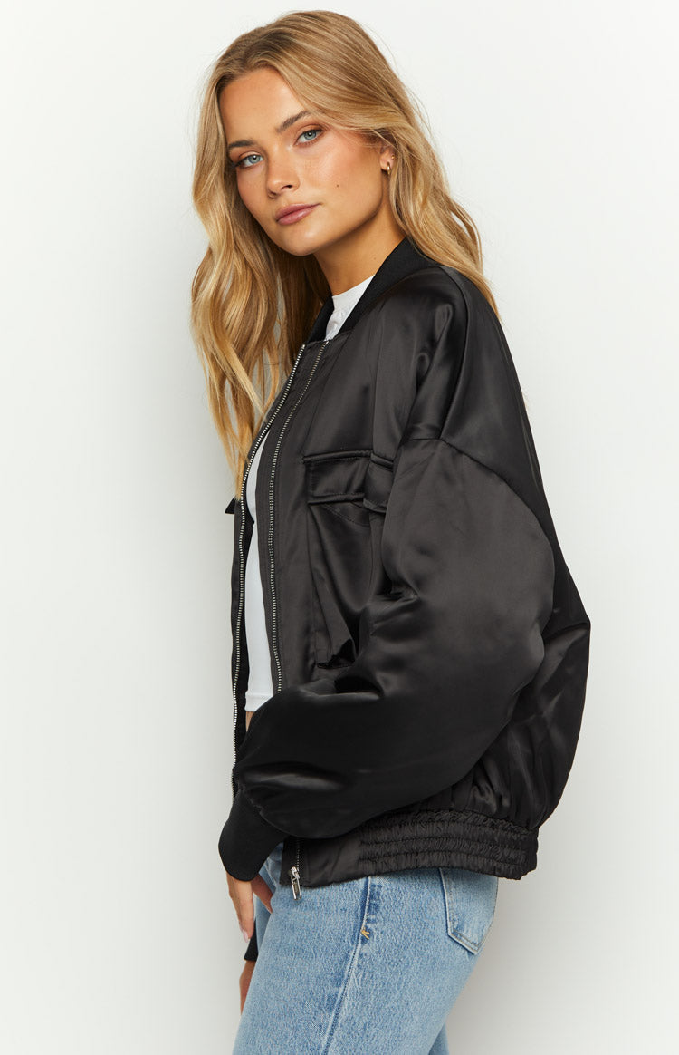 Keziah Black Satin Bomber Jacket Image