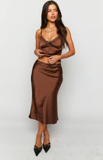 Khloe Brown Satin Midi Skirt Image