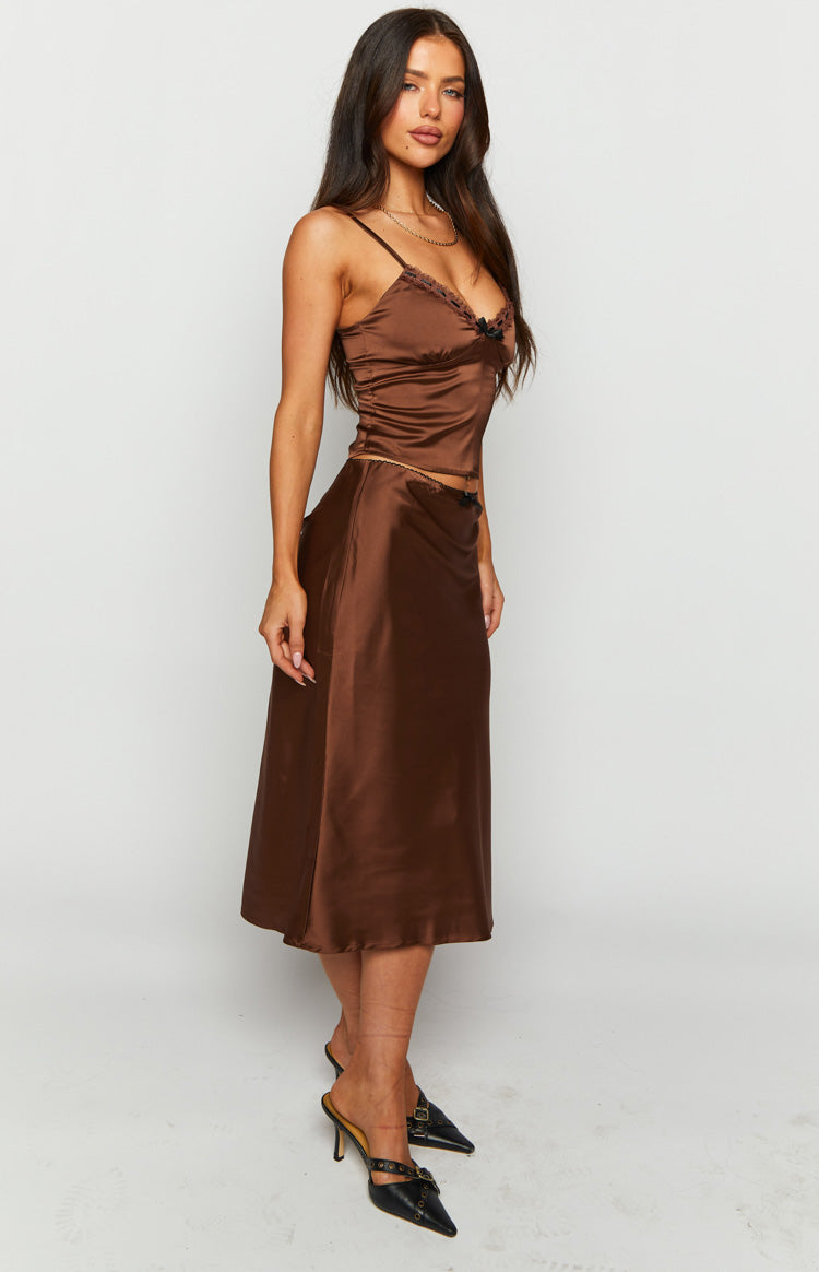 Khloe Brown Satin Midi Skirt Image