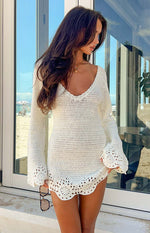 Li White Crochet Long Sleeve Mini Dress Image