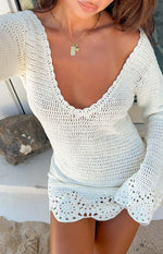 Li White Crochet Long Sleeve Mini Dress Image