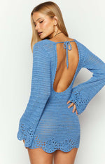 Li Blue Crochet Long Sleeve Mini Dress Image