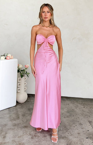 Pink satin strapless maxi dress on blonde model