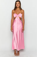 Pink satin strapless maxi dress on blonde model