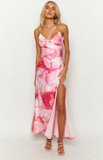 Lilie Pink Satin Print Maxi Dress Image