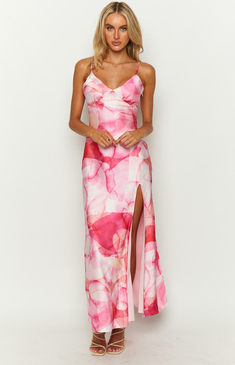 Lilie Pink Satin Print Maxi Dress Image