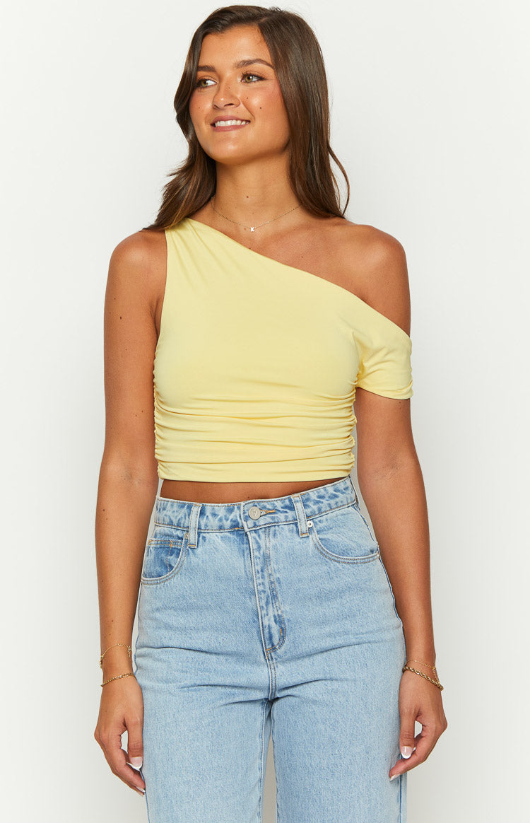 Limelight Drift Yellow Draped Off Shoulder Crop Top