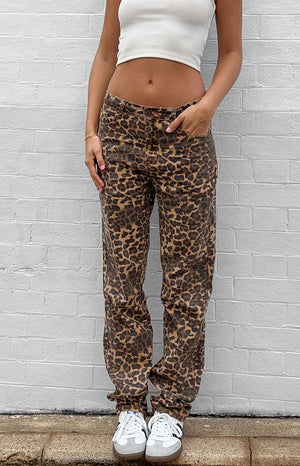 Lioness Carmela Leopard Print Straight Leg Jeans