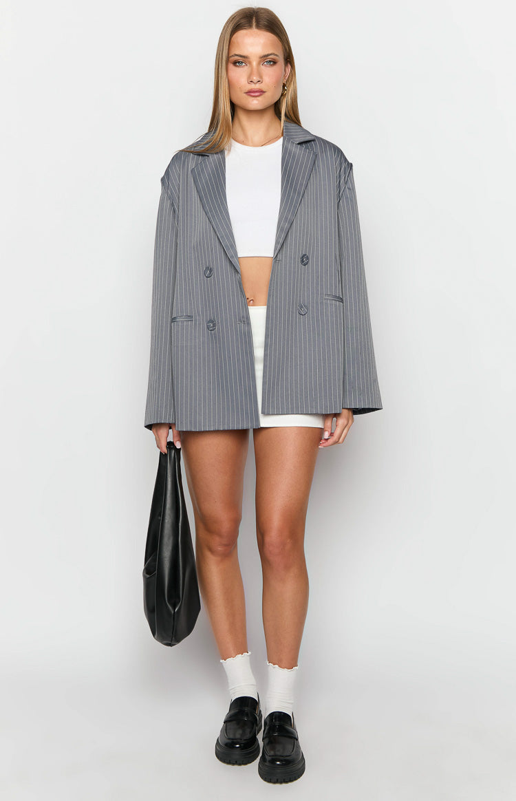 Louis Grey Striped Oversized Blazer Image