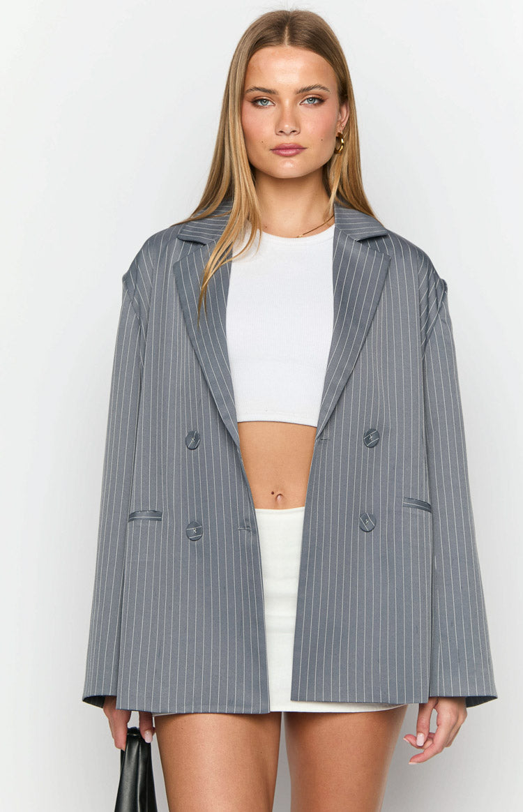 Louis Grey Striped Oversized Blazer Image