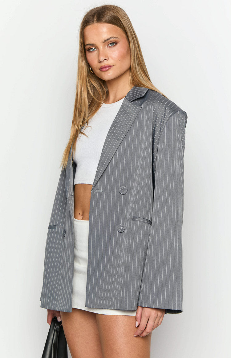 Louis Grey Striped Oversized Blazer Image