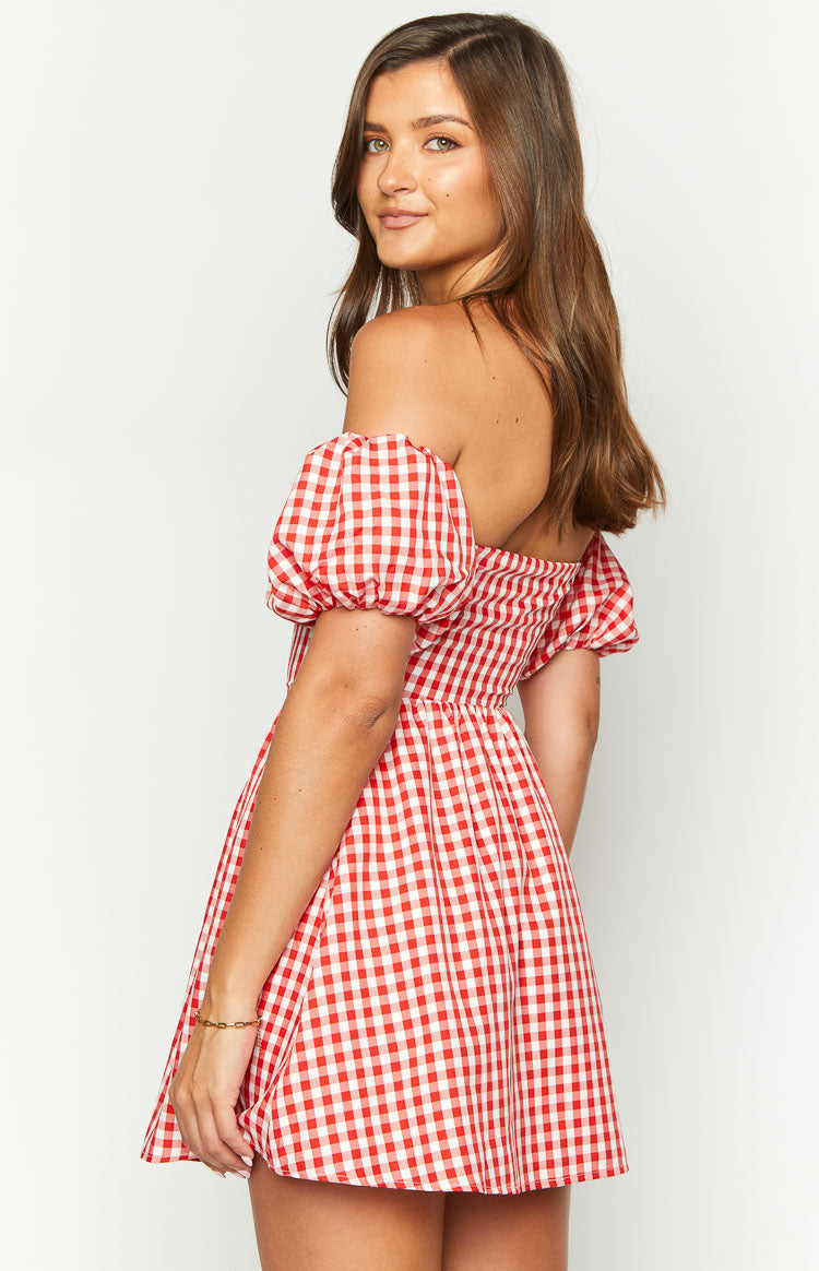 Love Lost Off The Shoulder Red Gingham Mini Dress Image