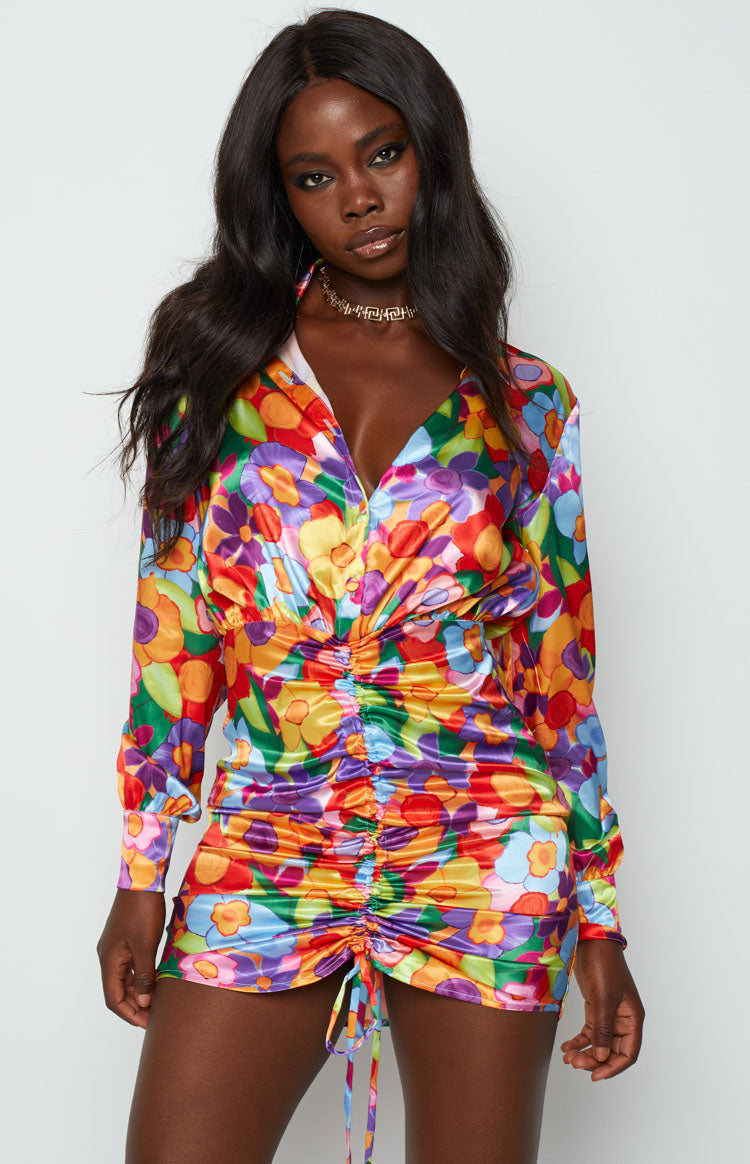 Floral satin store shirt dress