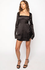 Lucy Black Satin Long Sleeve Mini Dress Image