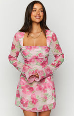 Lucy Pink Floral Print Long Sleeve Mini Dress Image