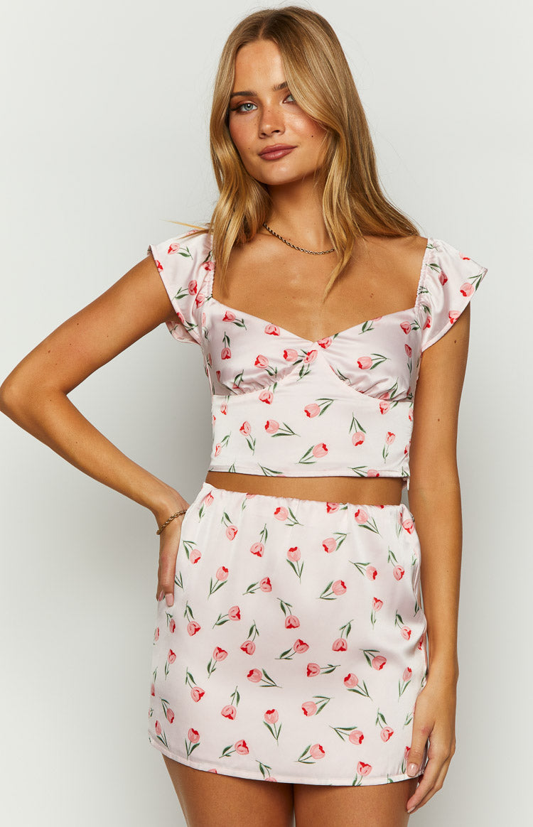 Maeva Pink Satin Tulip Print Top