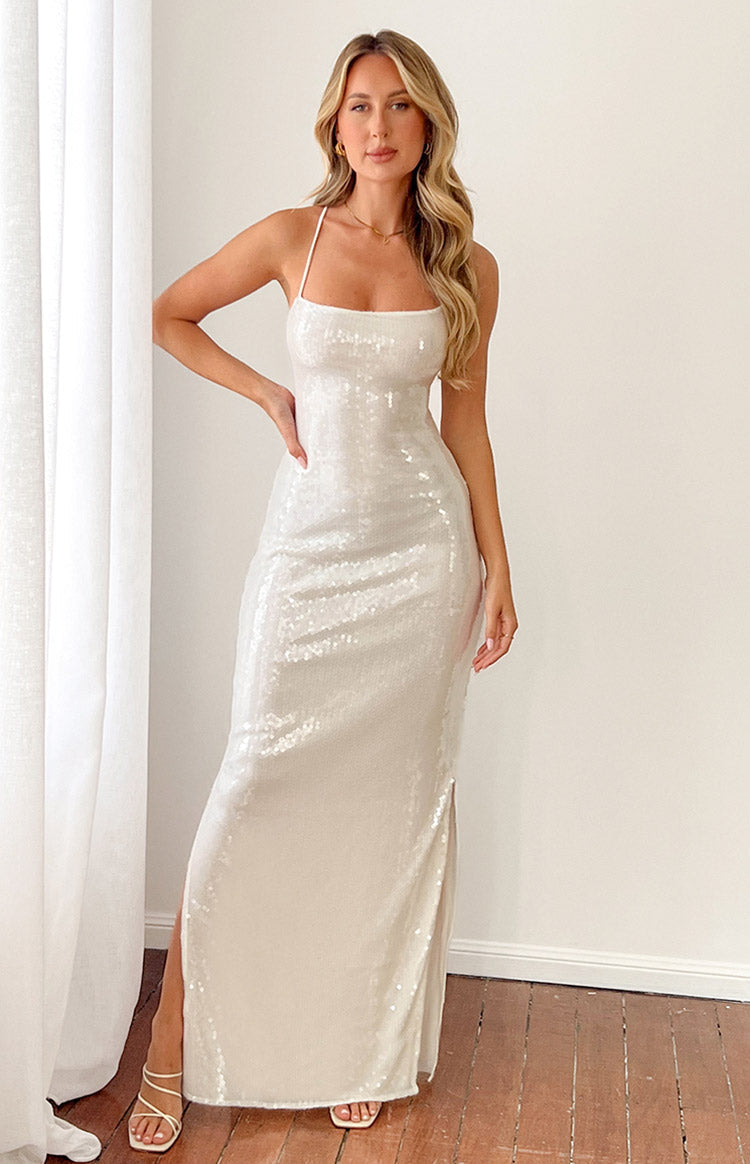 Manhattan White Sequin Slip Maxi Formal Dress Image