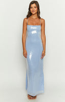 Blue sequin maxi dress on brunette model