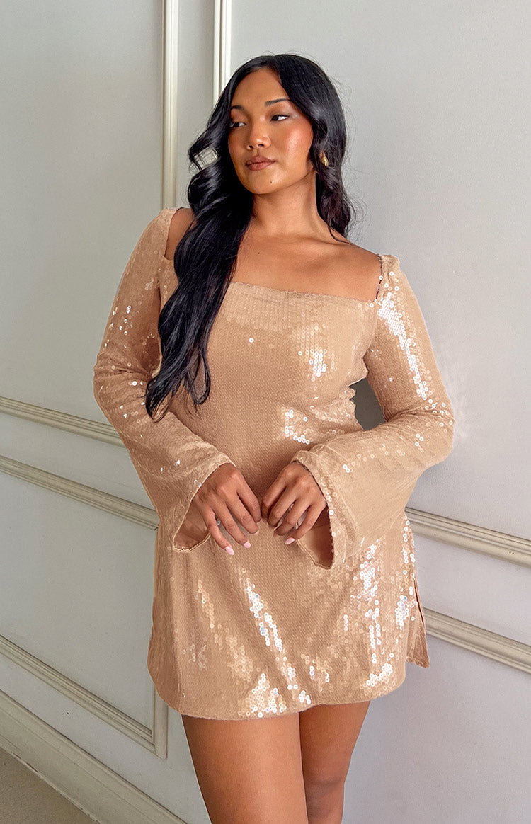 Marienne Champagne Sequin Long Sleeve Mini Dress Image