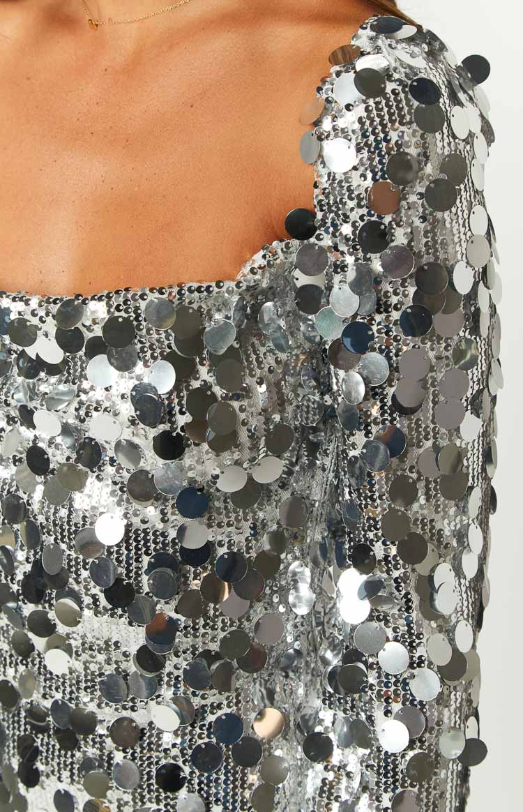 Marienne Silver Sequin Long Sleeve Mini Dress Image