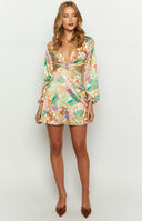 Mars Tropical Print Long Sleeve Twist Mini Dress