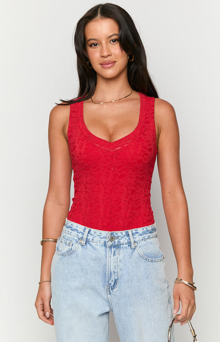 Miami Red Lace V-Neck Bodysuit Image