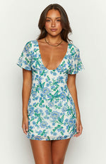 Mira Blue Floral Chiffon Mini Dress Image