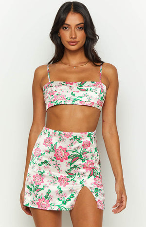 Miranda White Floral Tie Back Satin Crop Top