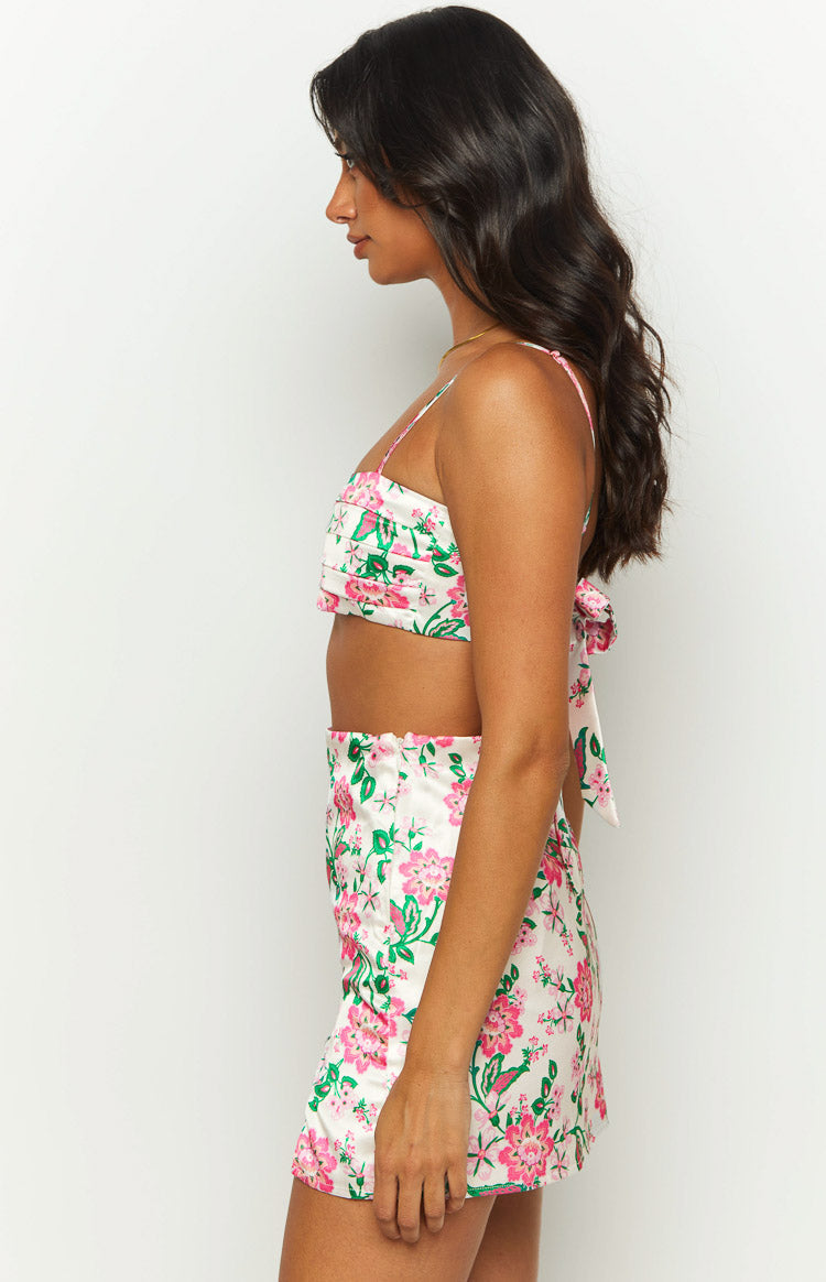 Miranda White Floral Tie Back Satin Crop Top Image