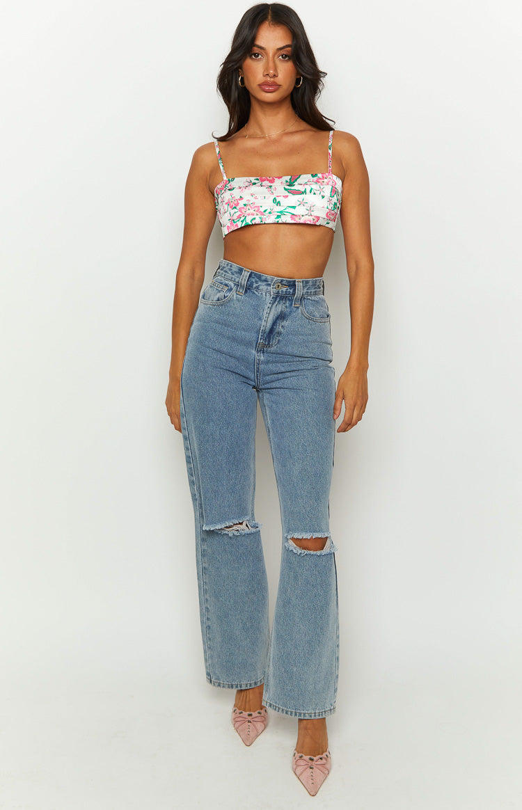 Miranda White Floral Tie Back Satin Crop Top Image