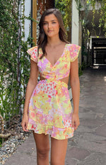 Motif Yellow Floral Print Mini Dress Image