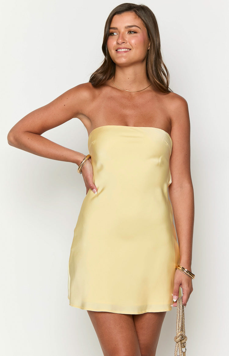 Mylee Yellow Satin Strapless Mini Dress Image