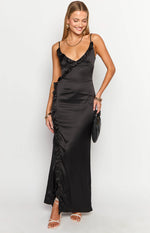 Nahanee Black Satin Ruffle Maxi Dress Image