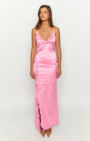 hot pink satin maxi dress with ruffle detailing and thin straps