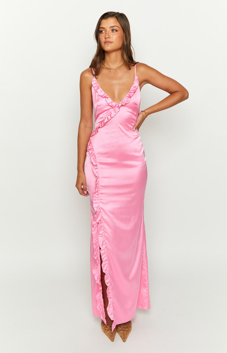 Nahanee Pink Satin Ruffle Maxi Dress Image