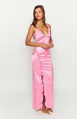 Nahanee Pink Satin Ruffle Maxi Dress Image