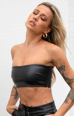 Nation Black PU Strapless Crop Top Image