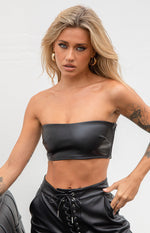 Nation Black PU Strapless Crop Top Image