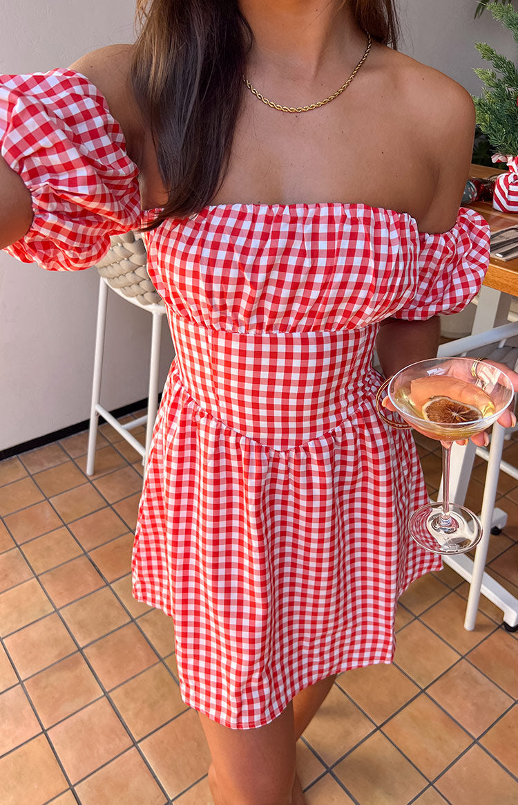 Love Lost Off The Shoulder Red Gingham Mini Dress Image