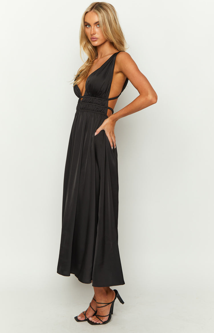 Ophelia Black Satin Maxi Dress Image