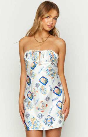 Orion White Italia Print Strapless Mini Dress