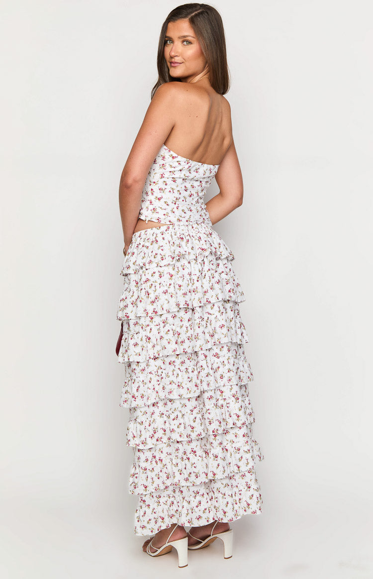 Paisley White Floral Ruffle Maxi Skirt Image