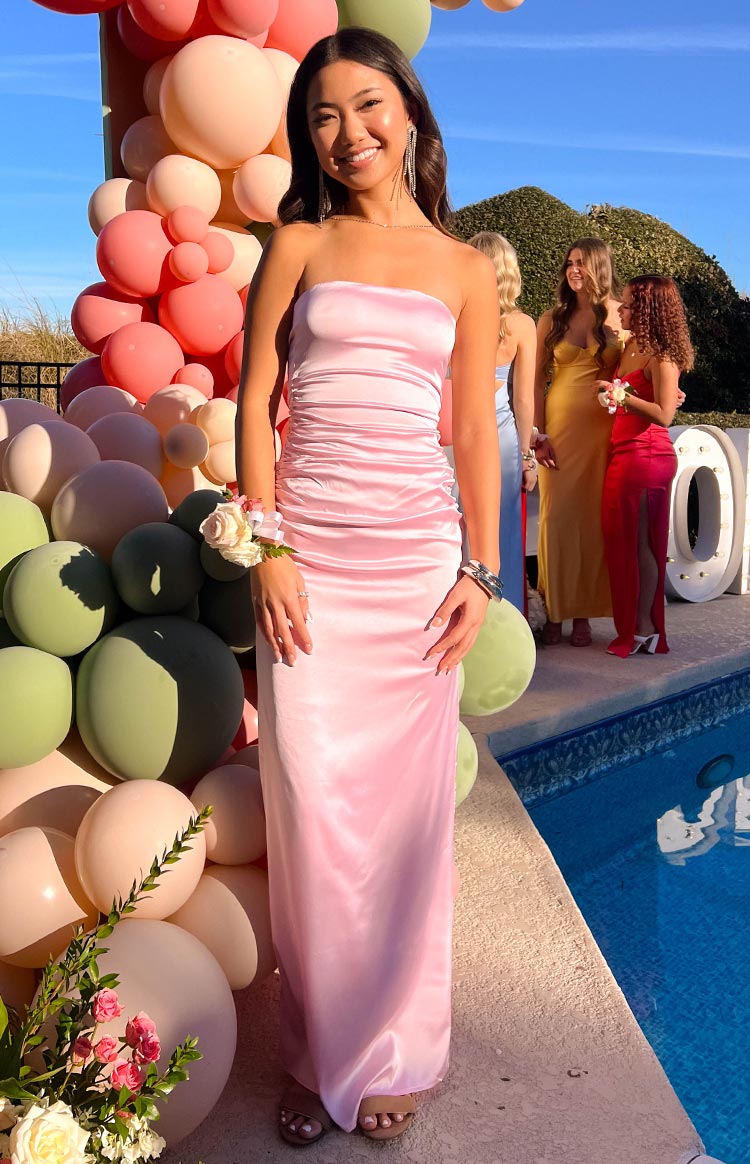 Pink Bloom Satin Strapless Maxi Dress Image