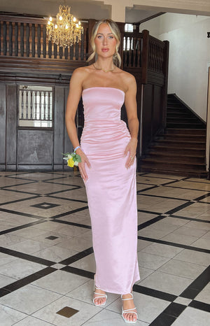 Baby Pink strapless satin maxi dress on blonde model