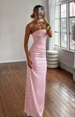 Pink Bloom Satin Strapless Maxi Dress Image