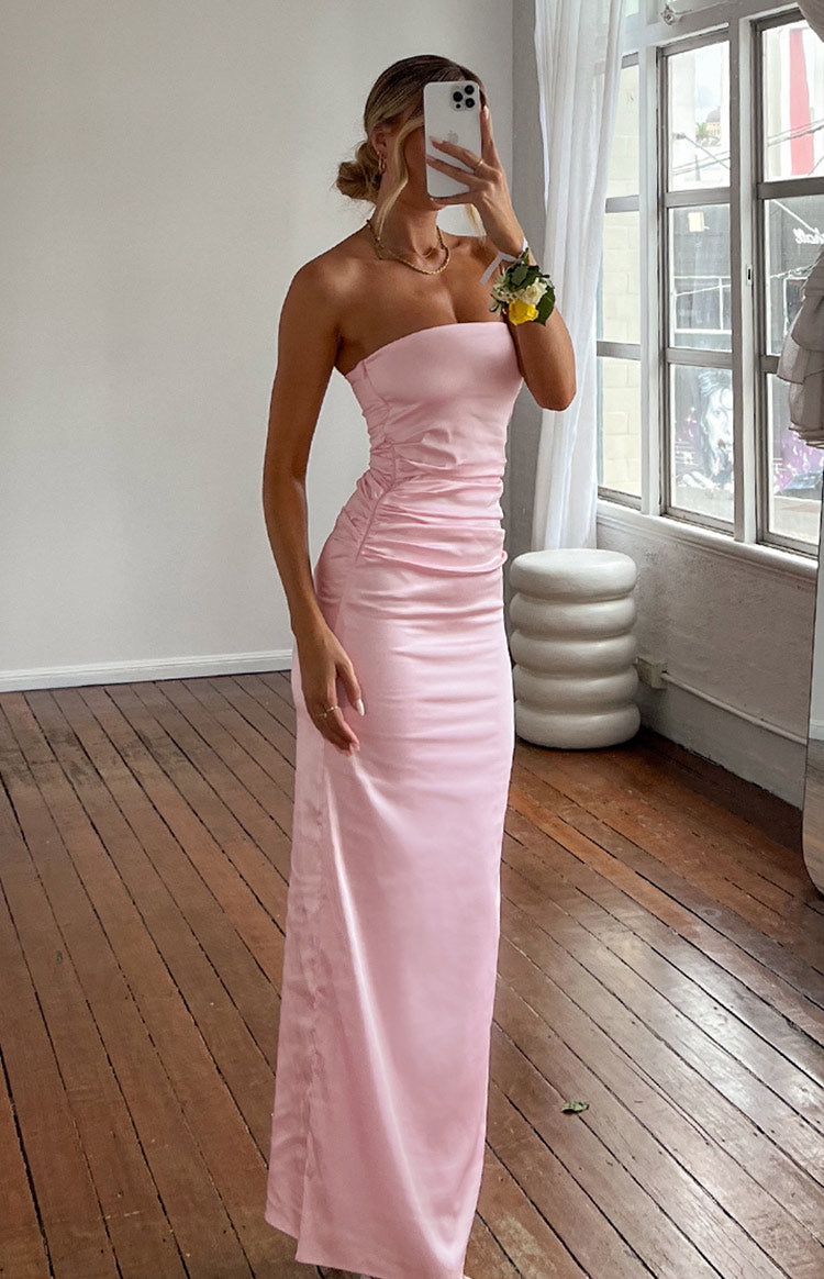 Pink Bloom Satin Strapless Maxi Dress Image