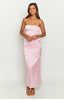 Baby Pink strapless satin maxi dress on blonde model